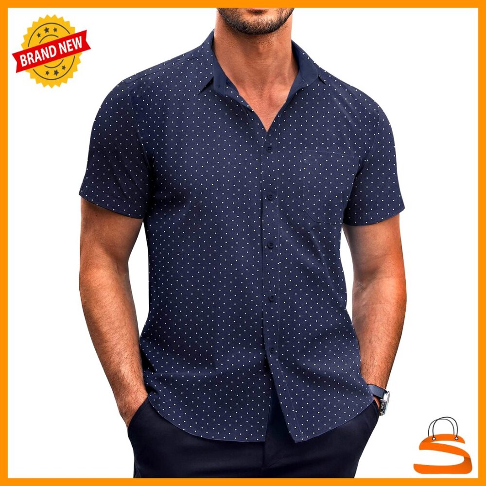 Short Sleeve Button Down Shirt Wrinkle Free Polka Dot Print Casual Dress Shirt
